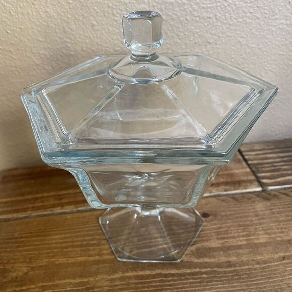 Vintage Pressed Glass Hexagon Shaped Candy Dish with Lid - Picture 13 of 15